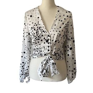 Top Shop V-Neck Dalmation Spot Button Down Front Tie Cropped Blouse